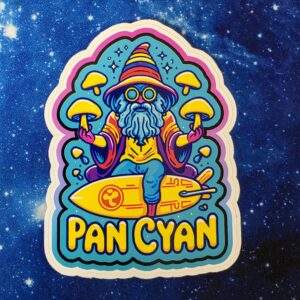 Pan Cyan surfing wizard mushroom vinyl sticker from Cube Culture USA