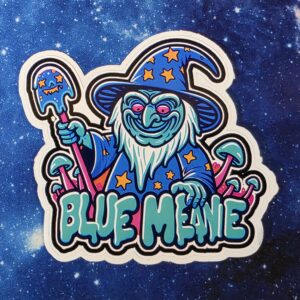 Blue Meanie mushroom wizard vinyl sticker from Cube Culture USA