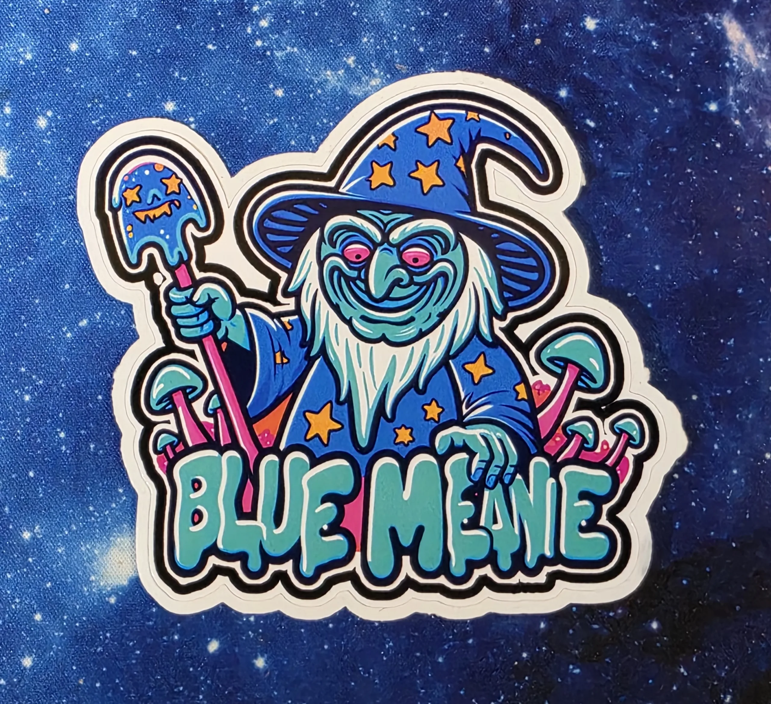 Blue Meanie mushroom wizard vinyl sticker from Cube Culture USA