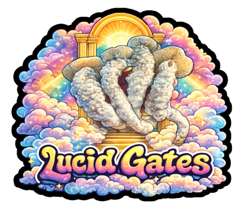 Lucid Gates surreal mushroom portal sticker artwork