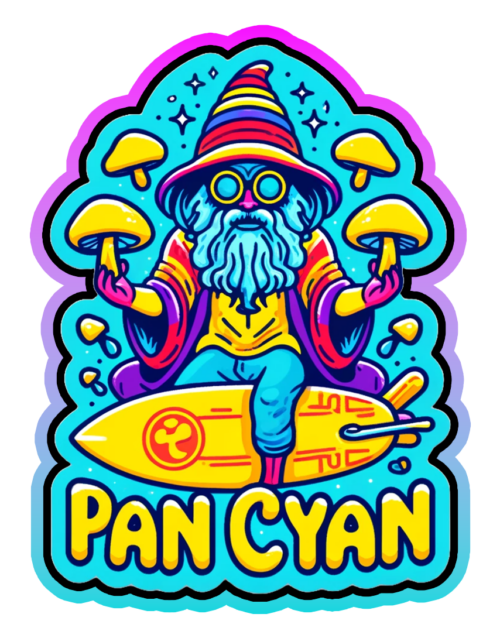 Pan Cyan psychedelic surfing wizard sticker artwork