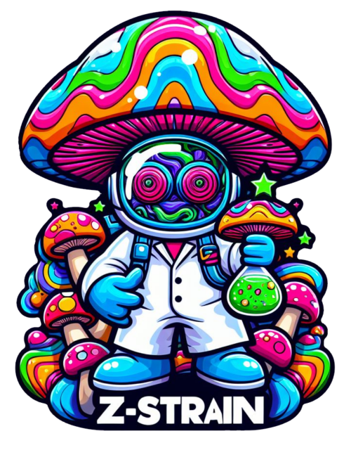 Z-Strain psychedelic mushroom scientist sticker artwork
