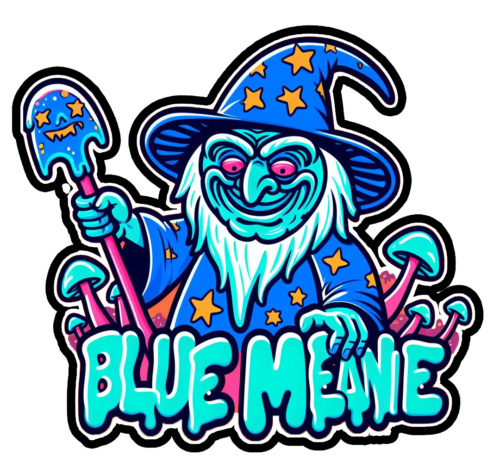 Blue Meanie mushroom wizard sticker artwork