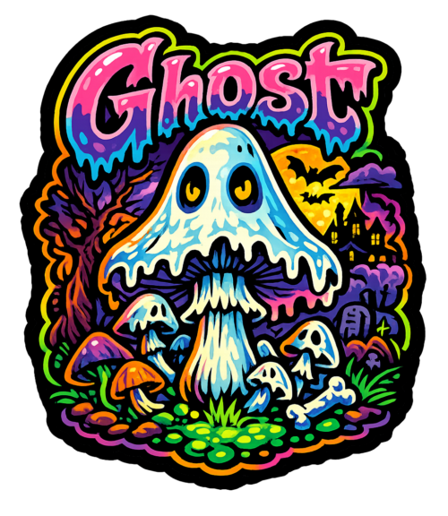 Ghost haunted mushroom sticker artwork