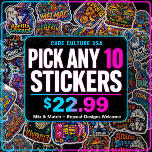 Cube Culture USA pick any 10 stickers for $22.99 over a colorful sticker collage