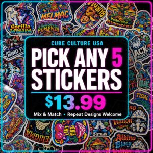 Cube Culture USA pick any 5 stickers for $13.99 over a colorful sticker collage